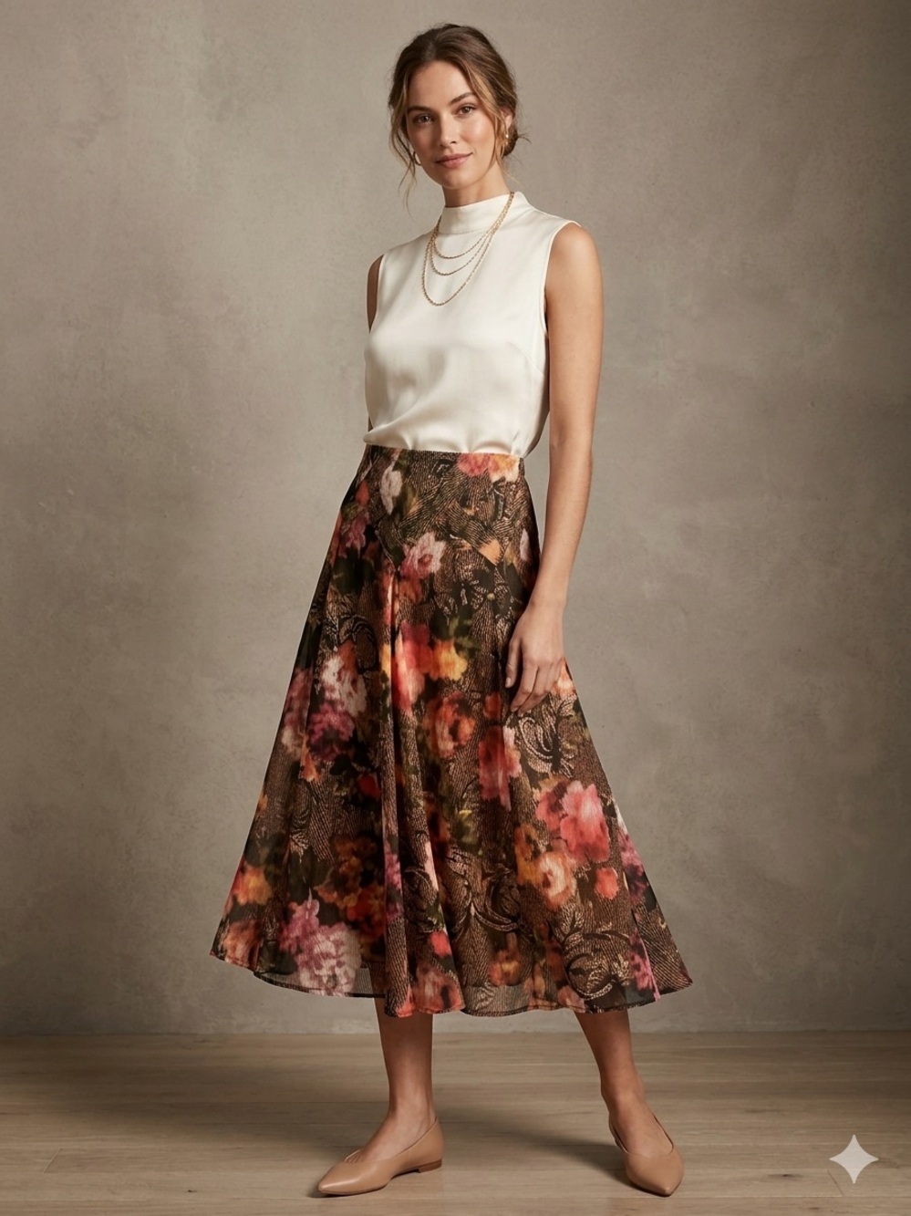 Coldwater Creek Floral Midi Skirt Size L (14-1 6) Brown Multi Bloomcore A-Line